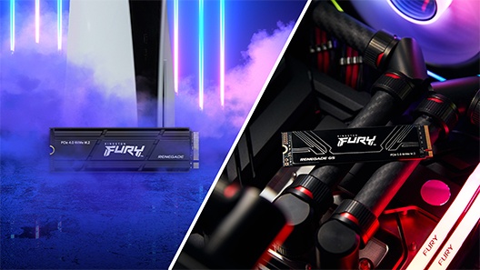 FURY Renegade heatsink SSD in front of a PS5 on the left and a crop to FURY Renegade G5 SSD on a gaming PC motherboard on the right