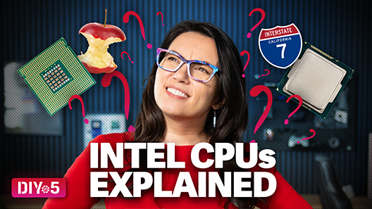 Trisha surrounded by images of a CPU, an apple core and an Interstate 7 sign which all symbolize Intel's CPU and chipset jargon.