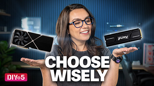 Trisha hat eine GPU und eine Kingston FURY SSD über jeder Hand schweben.
