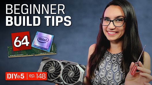 Trisha holding a fan and a screwdriver next to a graphic of a memory module, the AIDA64 logo, and an Intel CPU